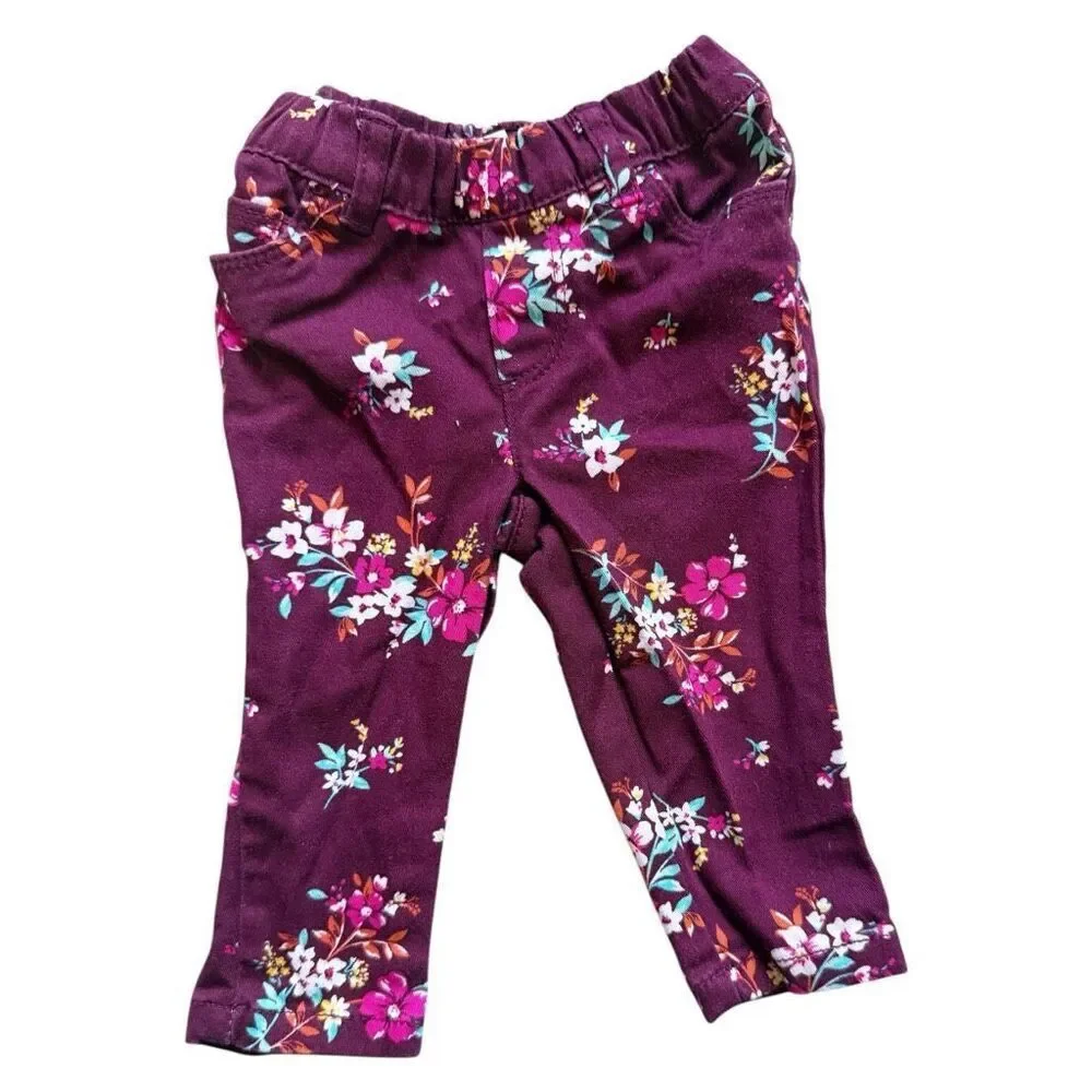Baby Girls Carters Burgundy Floral Print Pull On Pants Jeans - Sz 6 mo